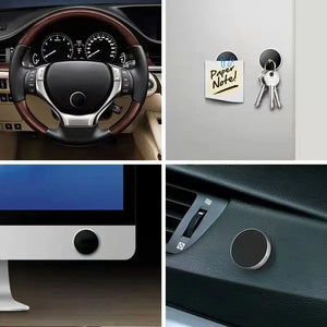 Collage of a car steering wheel, keys on a magnetic strip, computer monitor, and car air vent with round black and silver circular objects.