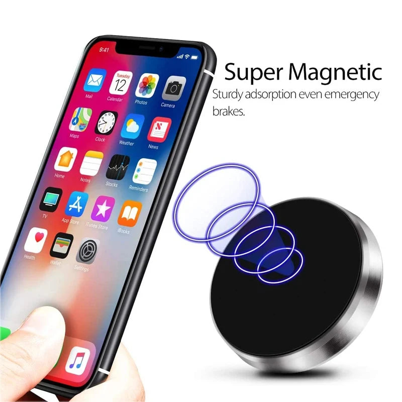 Smartphone held by a hand with a magnetic disc below, emphasizing 'Super Magnetic' feature.