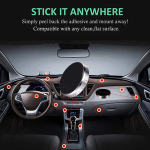 Car dashboard with adhesive mount and text 'Stick it anywhere' on a black background