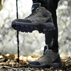 Hiking boots in a forest setting