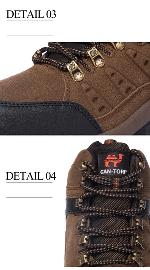 Close-up detail shots of a brown and black CAN-TORP lace-up boot, showing the upper side and the tongue area with visible branding and metal eyelets.