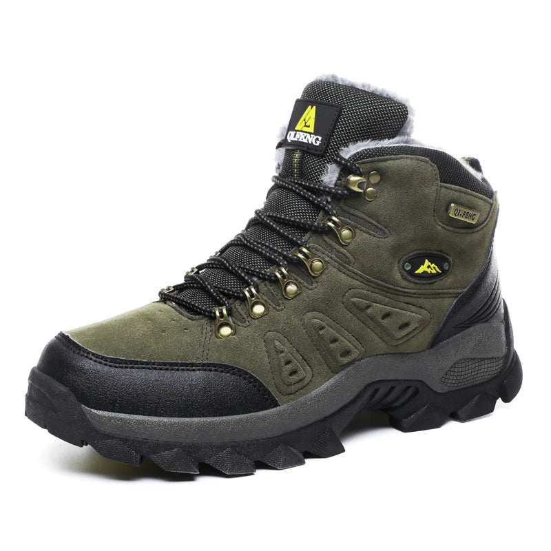Green hiking boot with black sole on a white background