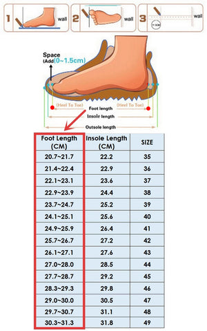 Foot length measurement chart with foot illustration and size guide.