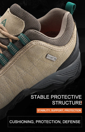 Beige hiking shoe with green laces on a black background, featuring text about shoe features.