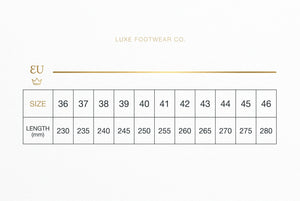 A size chart and functional feature summary, showing a table with shoe sizes 36 to 46 and corresponding foot lengths in millimeters on a light gray background.