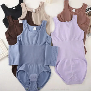 Set of women tummy control bodysuit shapewear in various colors on a light background