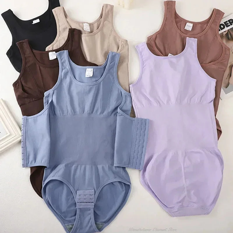 Set of women tummy control bodysuit shapewear in various colors on a light background