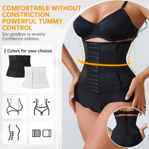 Black waist trainer with text highlighting features on a white background