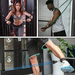 Collage of people using resistance bands in a gym setting