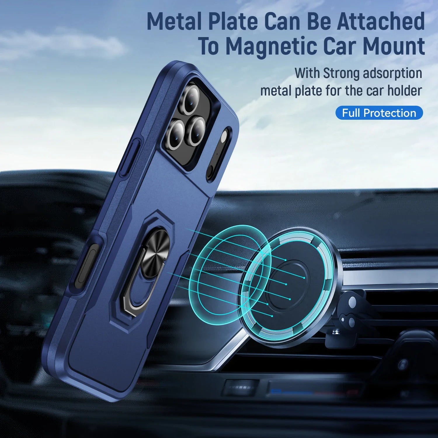 Blue iphone case with metal plate for magnetic car mount on a car dashboard background