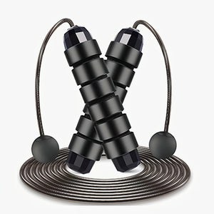Black jump rope with black handles on a white background