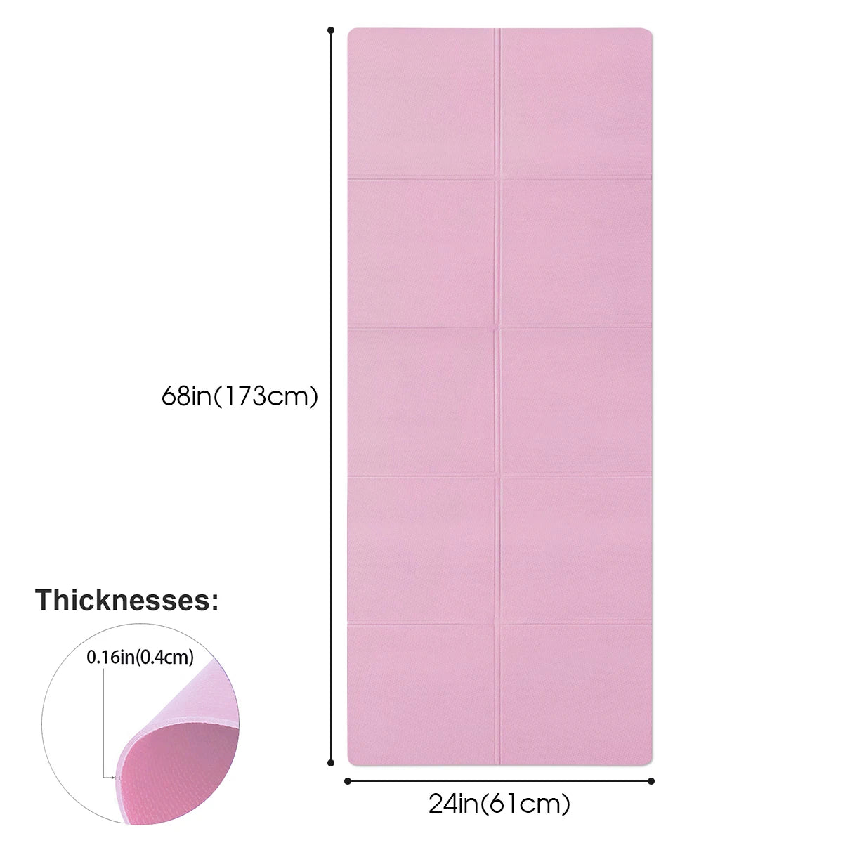 Pink yoga mat with measurements on a white background