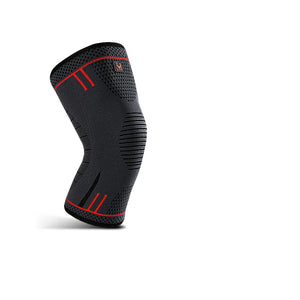 Black knee brace with red accents on a white background, featuring close-up details and product information.