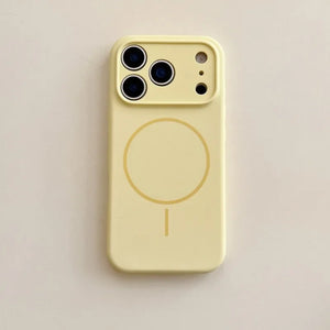 Yellow phone case with a circular design on a beige background