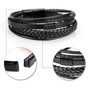 Mens braided leather bracelet with stainless steel clasp multilayer rope wristband