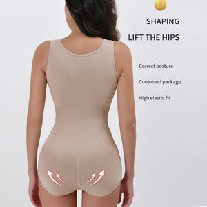 Beige body shaper worn by a model on a white background with text highlighting features.