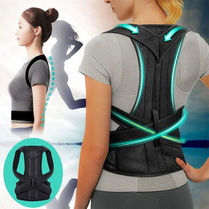Person wearing a black and green Adjustable back support strap for shoulder alignment and daily posture comfort with inset showing product details.