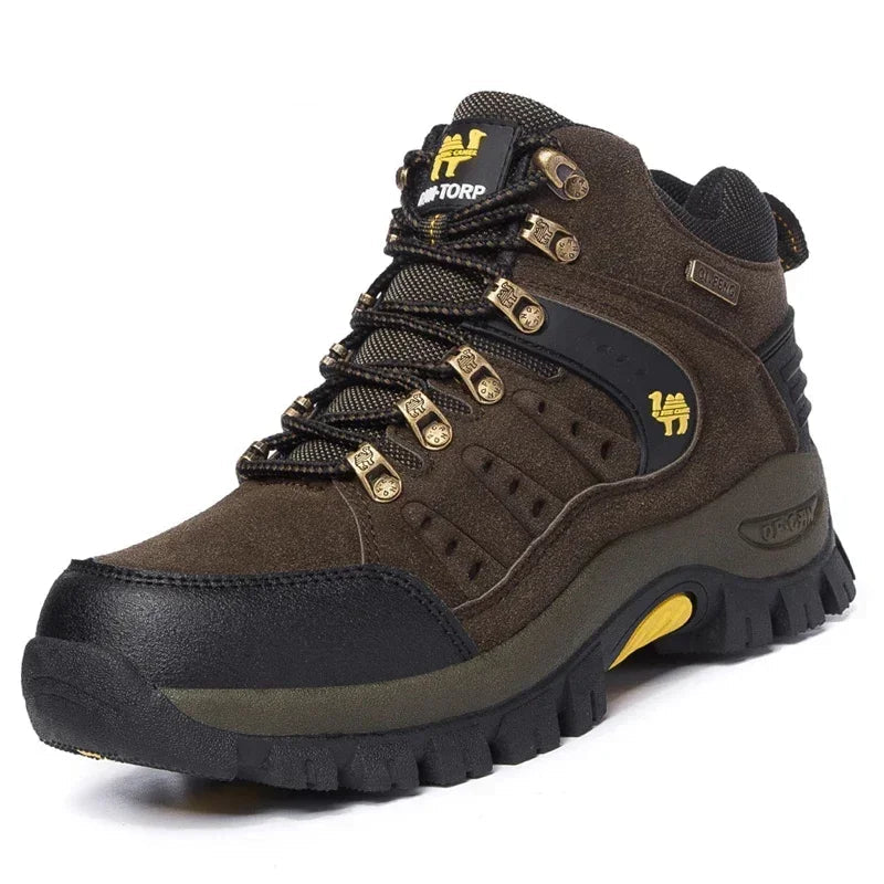 Brown Unisex ankle hiking boots with suede upper, lace-up closure, EVA insole, and TPR outsole in dark green, brown, and grey.