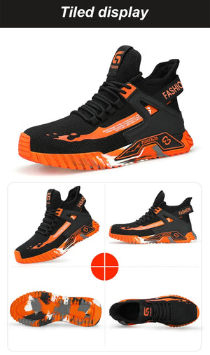 Black and orange safety work boots displayed in a tiled layout with a central focus on one shoe.
