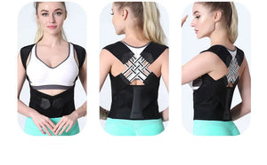 Three views of a person wearing a black Adjustable back support strap for shoulder alignment and daily posture comfort with text describing its benefits.