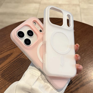 Two Candy color matte magnetic MagSafe iPhone case with shockproof protection for iPhone 11–17 series, one pink and one white