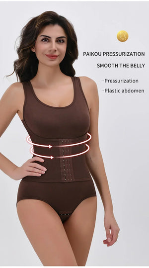 Woman wearing a brown women tummy control bodysuit shapewear with text on a white background