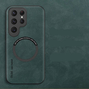 Forest Magnetic Armor Case for Samsung Galaxy with 'Luxury Leather' text on a matching background