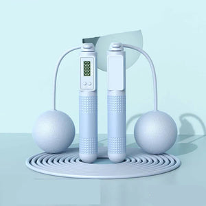 White jump rope with digital display on a light blue background, labeled 'Dual purpose' and 'Blue'.