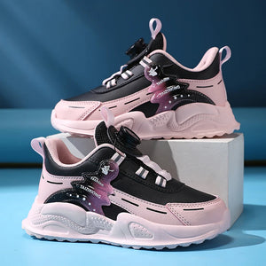 Pink and black sneakers stacked on a blue background
