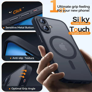 Phone case with features highlighted and a hand holding the phone.