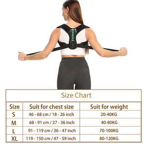 Woman wearing a black Adjustable upper back support strap for shoulder alignment and daily posture comfort with a size chart on a white background