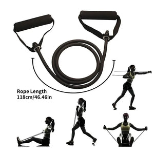 Resistance band with rope length measurement and usage illustrations on a white background
