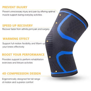 Knee brace with text highlighting its benefits on a white background