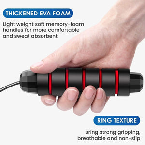 Hand holding a black and red握力器 with text about thickened EVA foam and ring texture