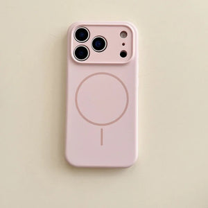 Pink phone case with a minimalist design on a light beige background