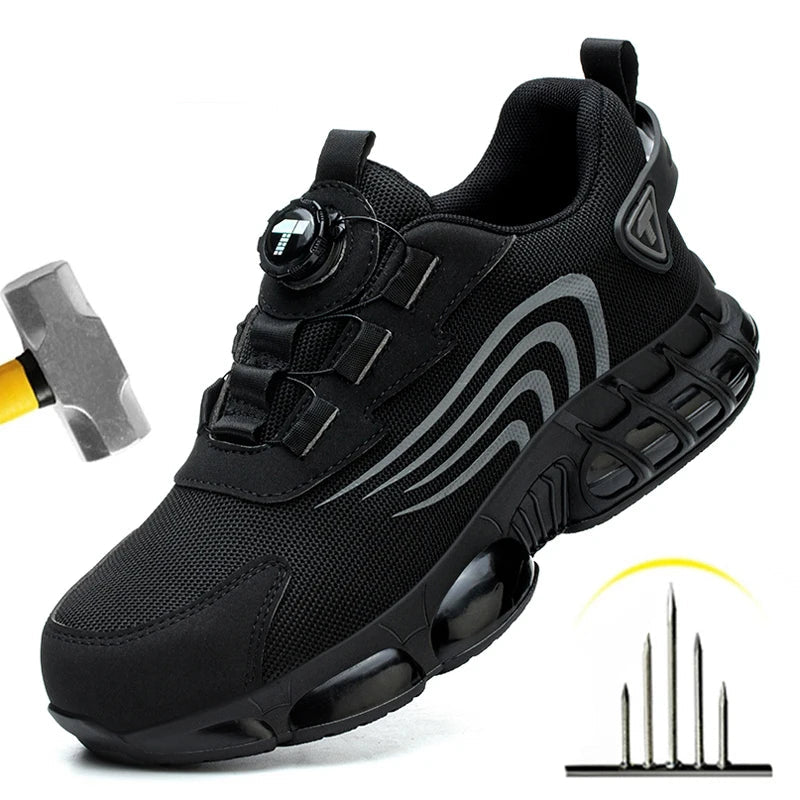 Black safety shoe with air cushion sole, hammer, and graphic on a white background