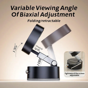 Folding/retractable lamp with adjustable viewing angle on a beige background