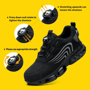 Black work sneaker with adjustable lace system on a yellow background