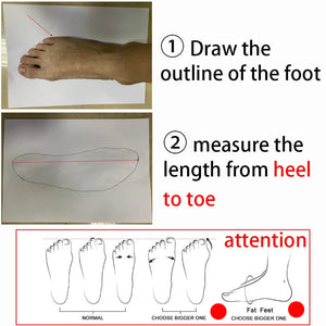 Instructions for measuring foot length with a diagram of a foot and measurements.