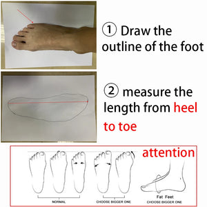Instructions for measuring foot length with a diagram of a foot and measurements.