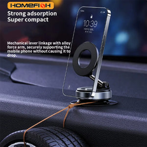 Phone holder on a car dashboard with 'Homefish' branding and text about strong adsorption and compact design.