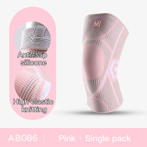 Pink knee brace with packaging highlighting features on a white background