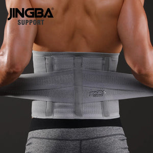 Person wearing a gray waist support belt with JINGBA branding on a dark background