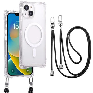 Clear iphone case with MagSafe feature and black lanyard on a white background