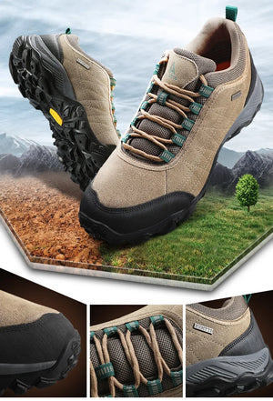 Collage of hiking shoes with a mountainous background