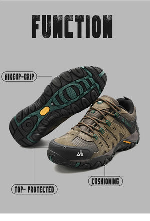 Hiking shoes with labeled features on a gray background
