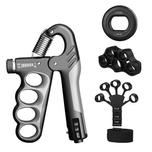 Hand grip strengthener with accessories on a white background