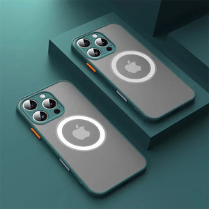 Two Matte armor magnetic iPhone case compatible with MagSafe on a green background