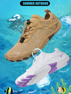 Two pairs of shoes, one brown and one white with purple accents, on a blue underwater background with fish.