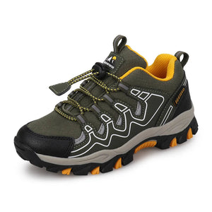 A single hiking shoe in olive green and black with bright yellow accents, shown on a clean white background.